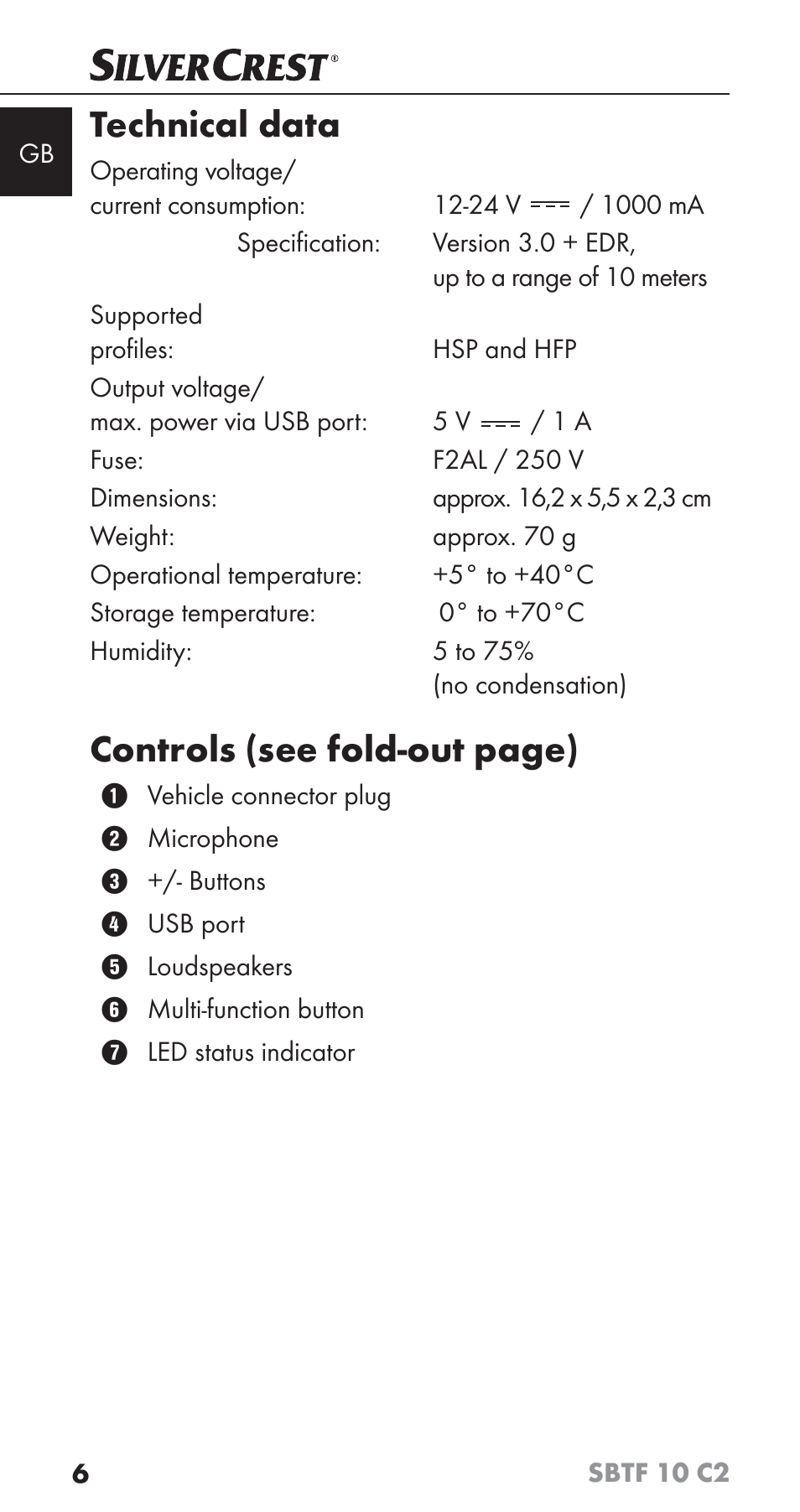 Technical data, Controls (see fold-out page) | Silvercrest SBTF 10 C2 User Manual | Page 9 / 126
