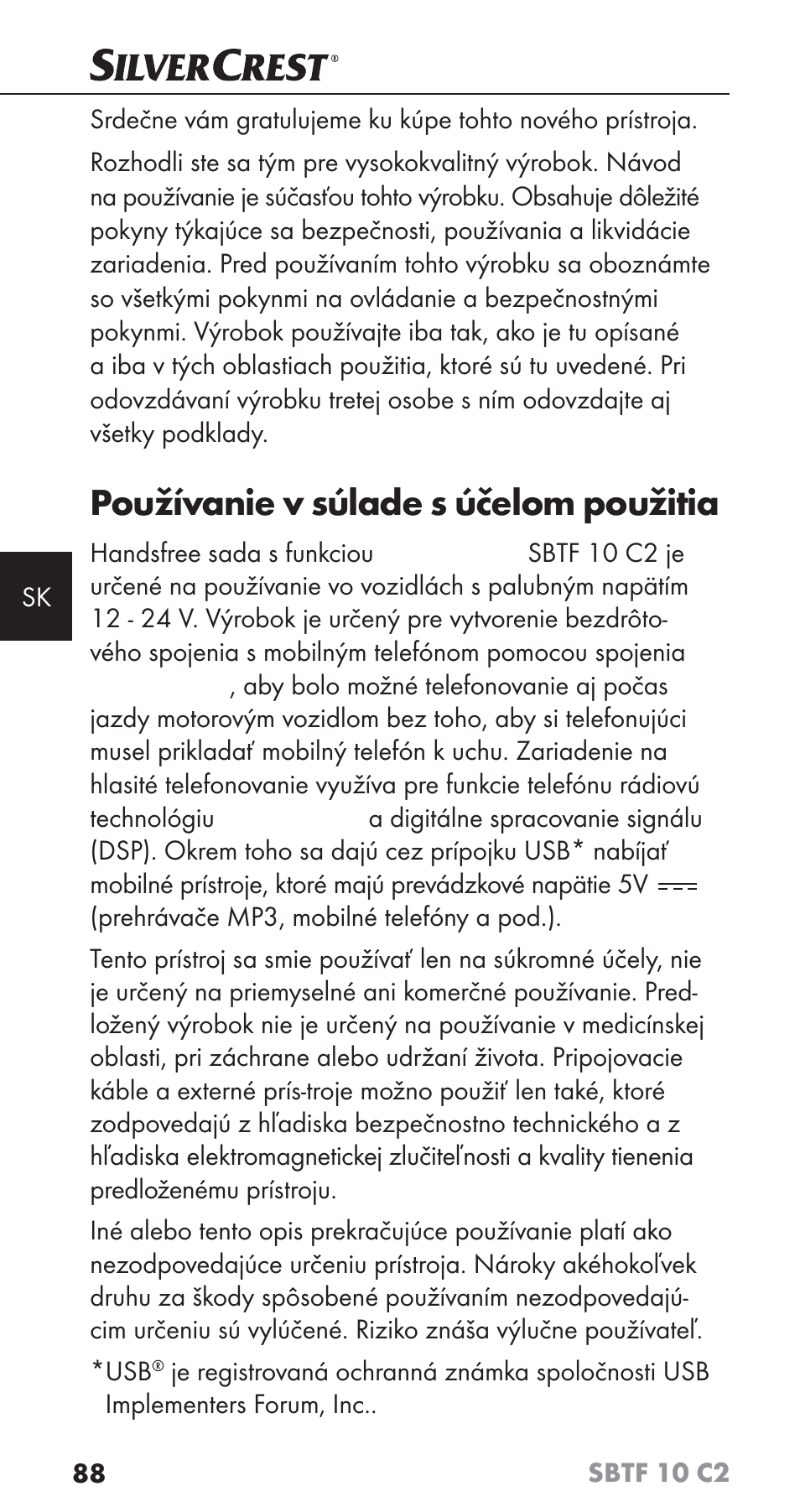 Používanie v súlade s účelom použitia | Silvercrest SBTF 10 C2 User Manual | Page 91 / 126