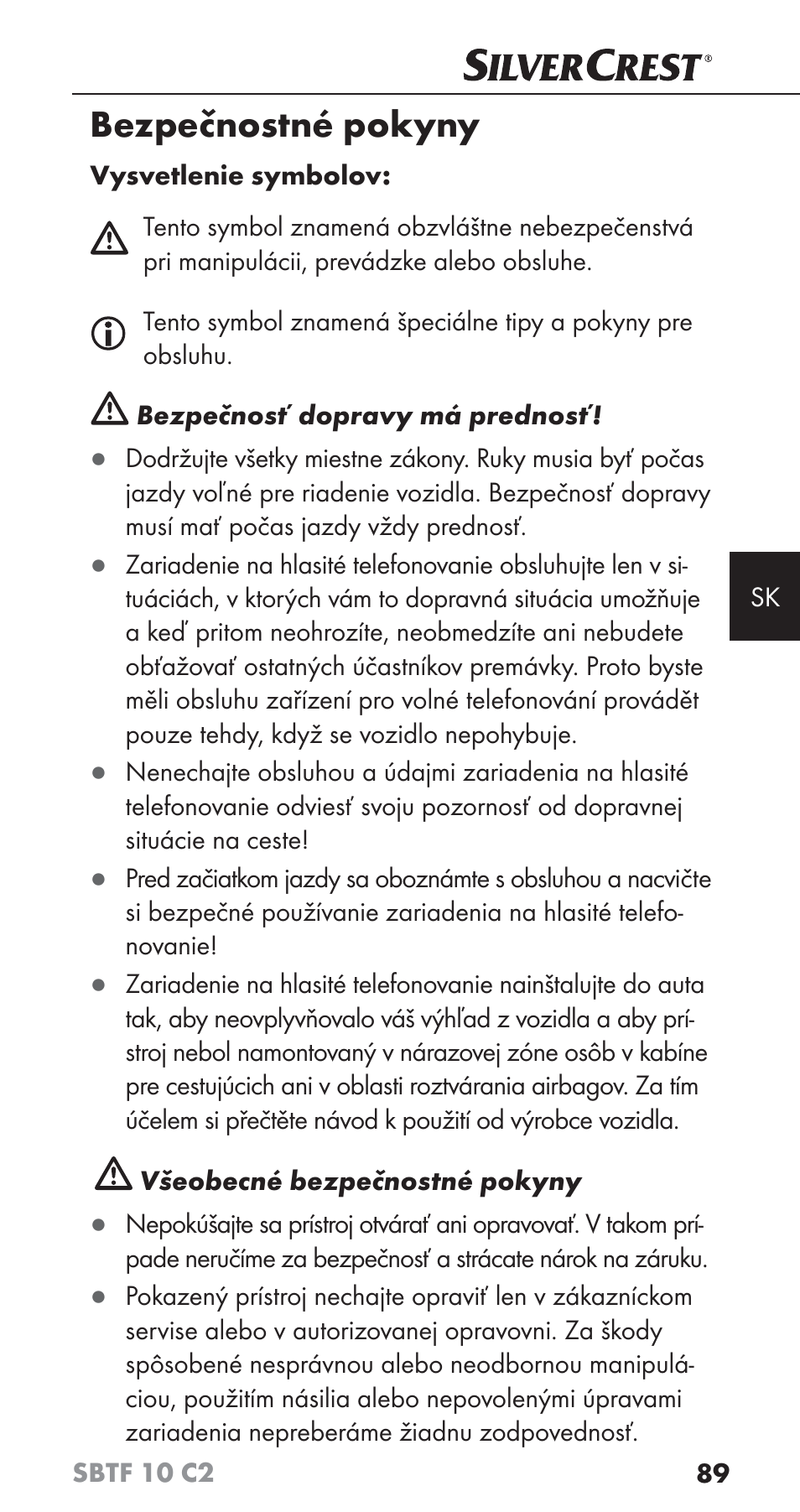 Bezpečnostné pokyny | Silvercrest SBTF 10 C2 User Manual | Page 92 / 126