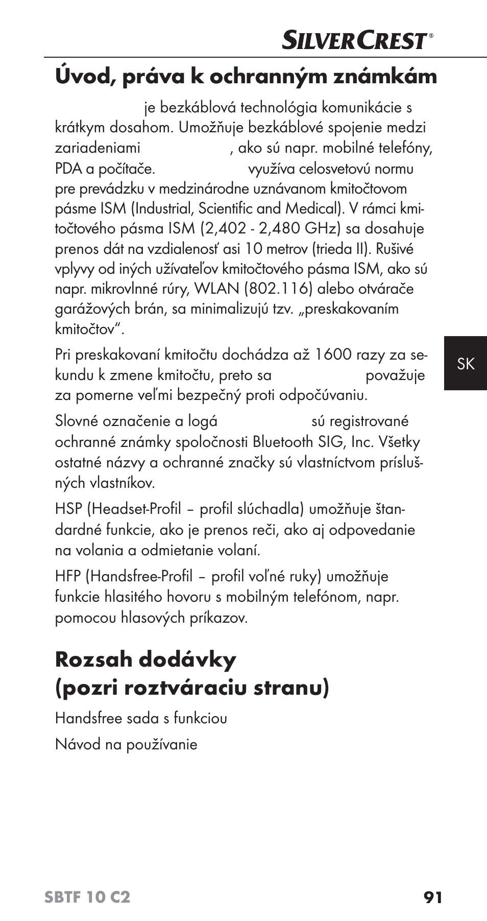 Úvod, práva k ochranným známkám, Rozsah dodávky (pozri roztváraciu stranu) | Silvercrest SBTF 10 C2 User Manual | Page 94 / 126