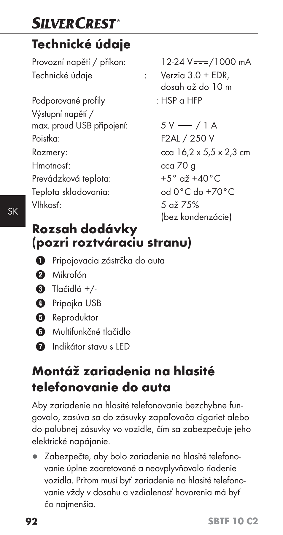 Technické údaje, Rozsah dodávky (pozri roztváraciu stranu), Montáž zariadenia na hlasité telefonovanie do auta | Silvercrest SBTF 10 C2 User Manual | Page 95 / 126