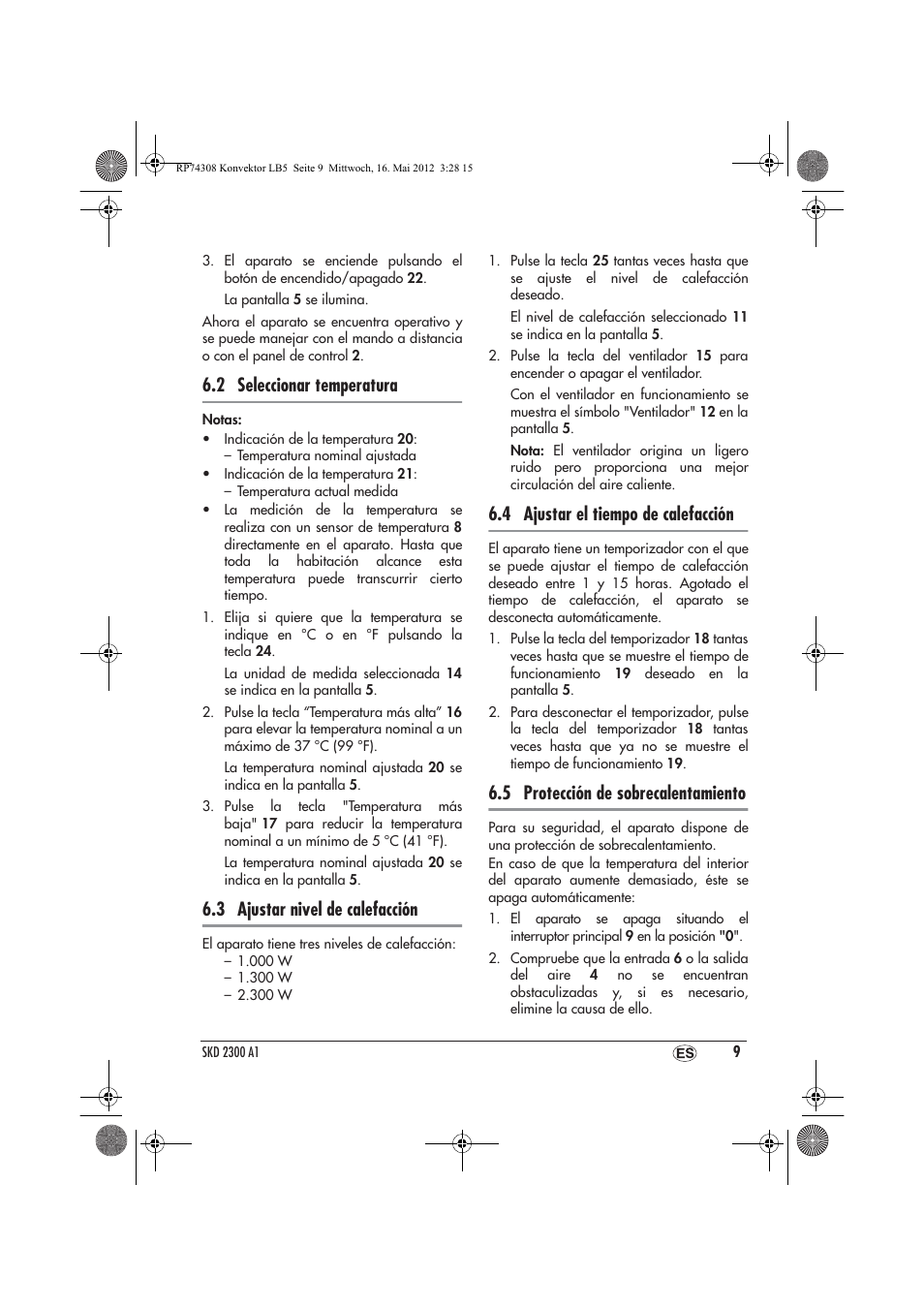 2 seleccionar temperatura, 3 ajustar nivel de calefacción, 4 ajustar el tiempo de calefacción | 5 protección de sobrecalentamiento | Silvercrest SKD 2300 A1 User Manual | Page 11 / 62