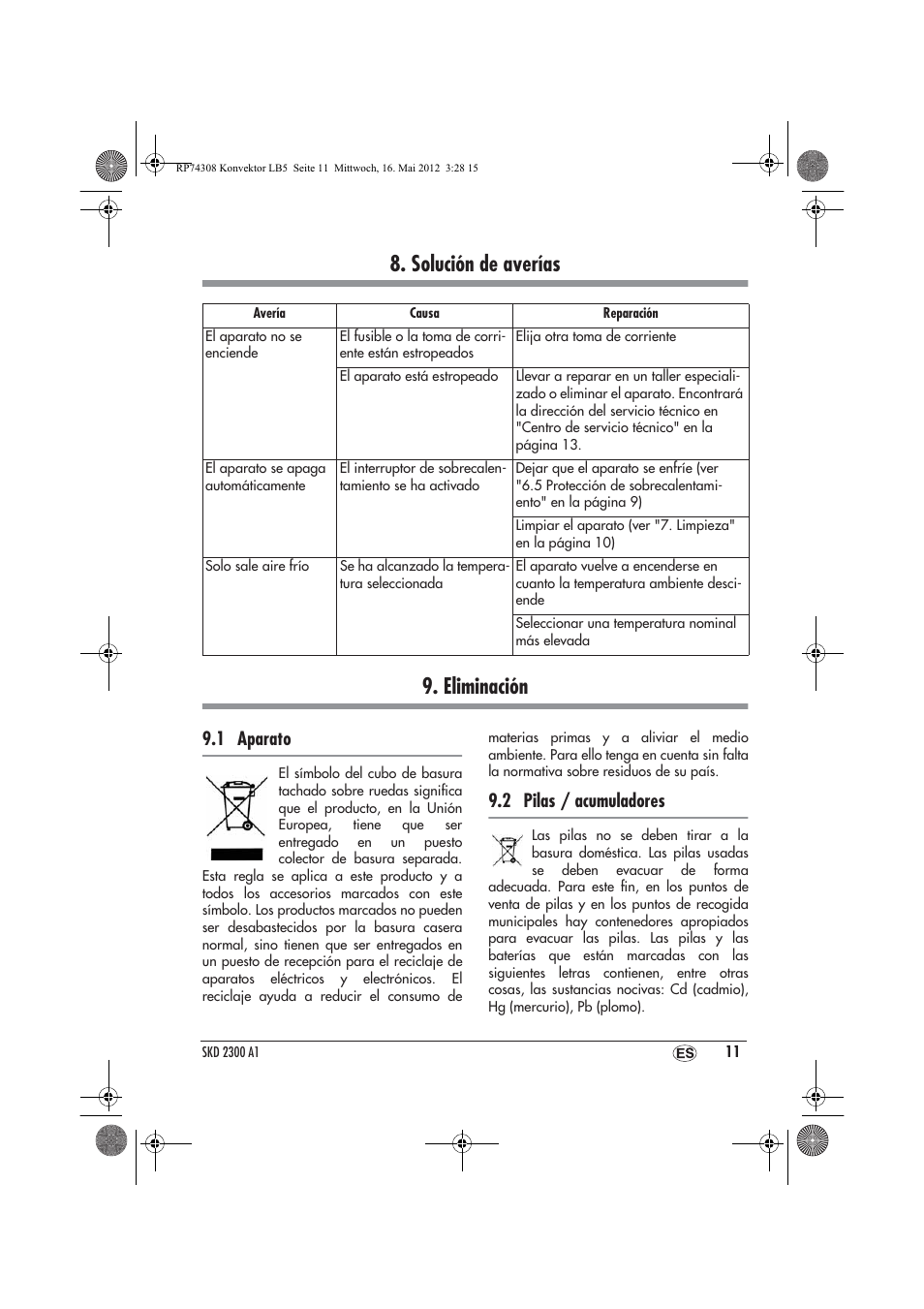 Solución de averías 9. eliminación, 1 aparato, 2 pilas / acumuladores | Silvercrest SKD 2300 A1 User Manual | Page 13 / 62