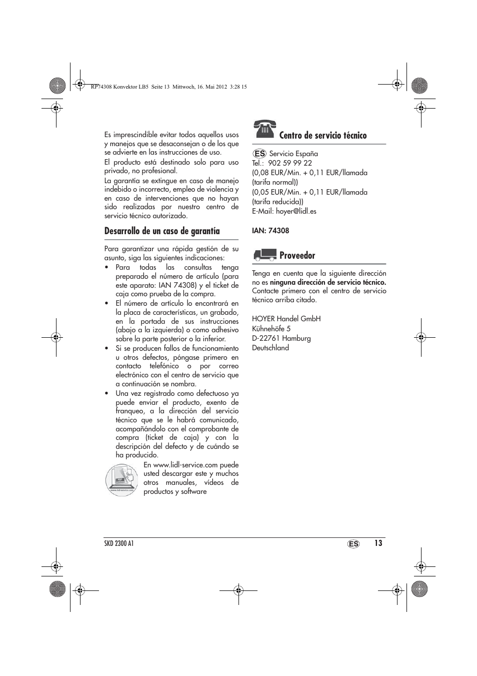 Desarrollo de un caso de garantía, Centro de servicio técnico, Proveedor | Silvercrest SKD 2300 A1 User Manual | Page 15 / 62