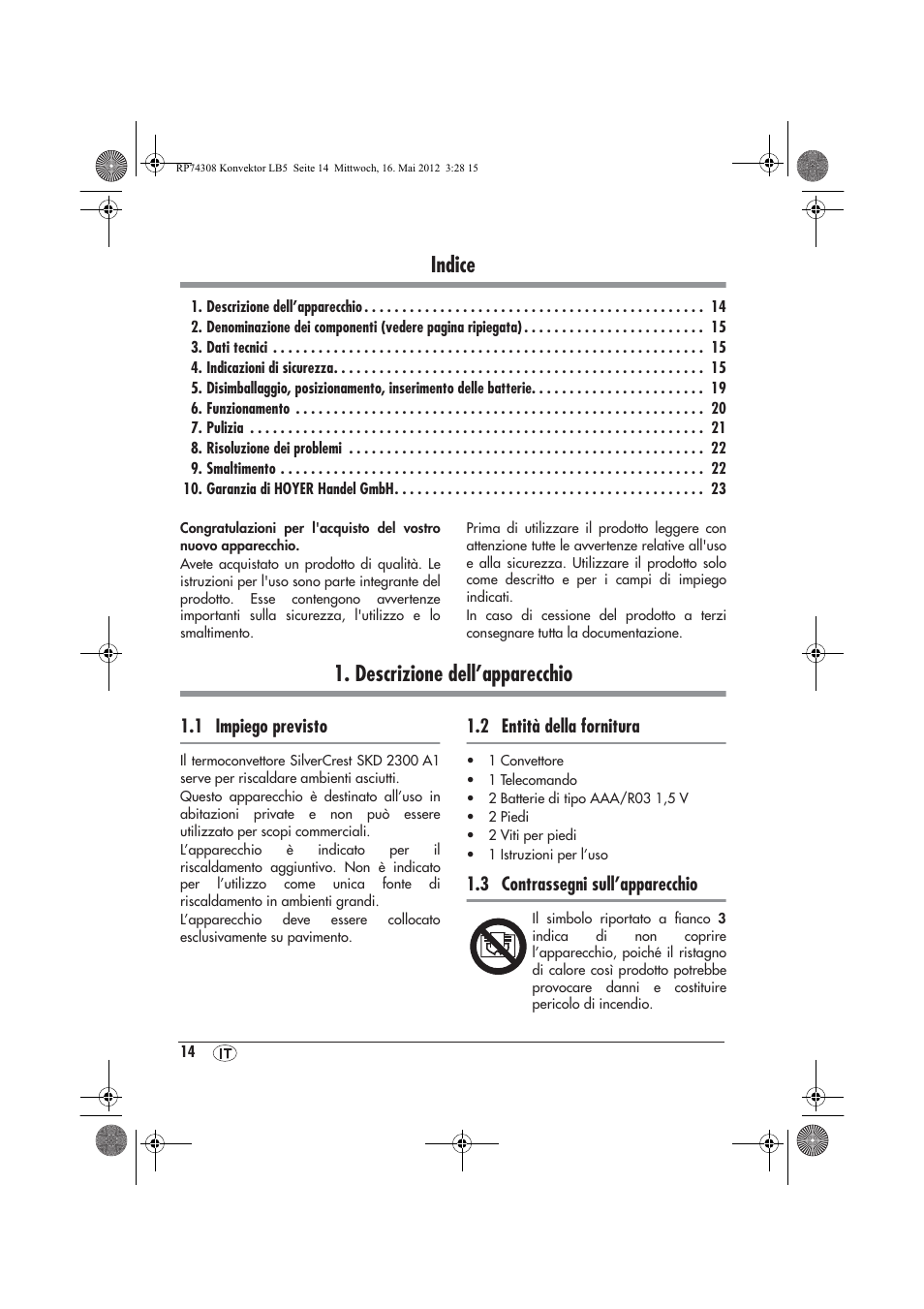 Indice, Descrizione dell’apparecchio | Silvercrest SKD 2300 A1 User Manual | Page 16 / 62