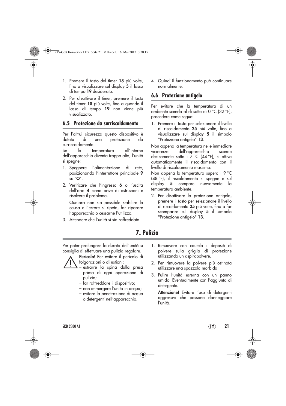 Pulizia, 5 protezione da surriscaldamento, 6 protezione antigelo | Silvercrest SKD 2300 A1 User Manual | Page 23 / 62