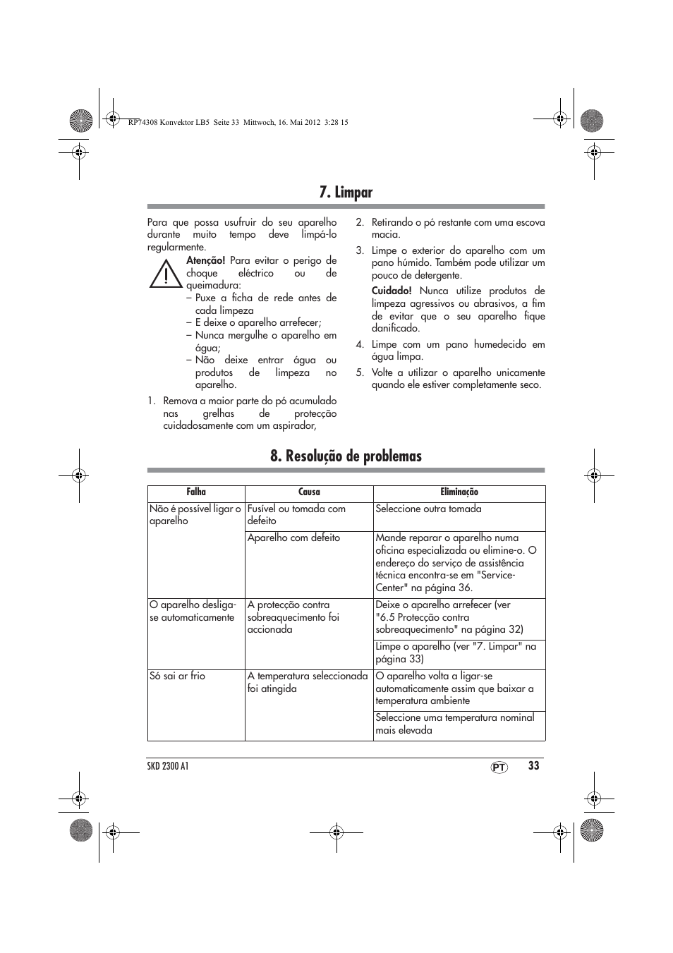Limpar, Resolução de problemas | Silvercrest SKD 2300 A1 User Manual | Page 35 / 62