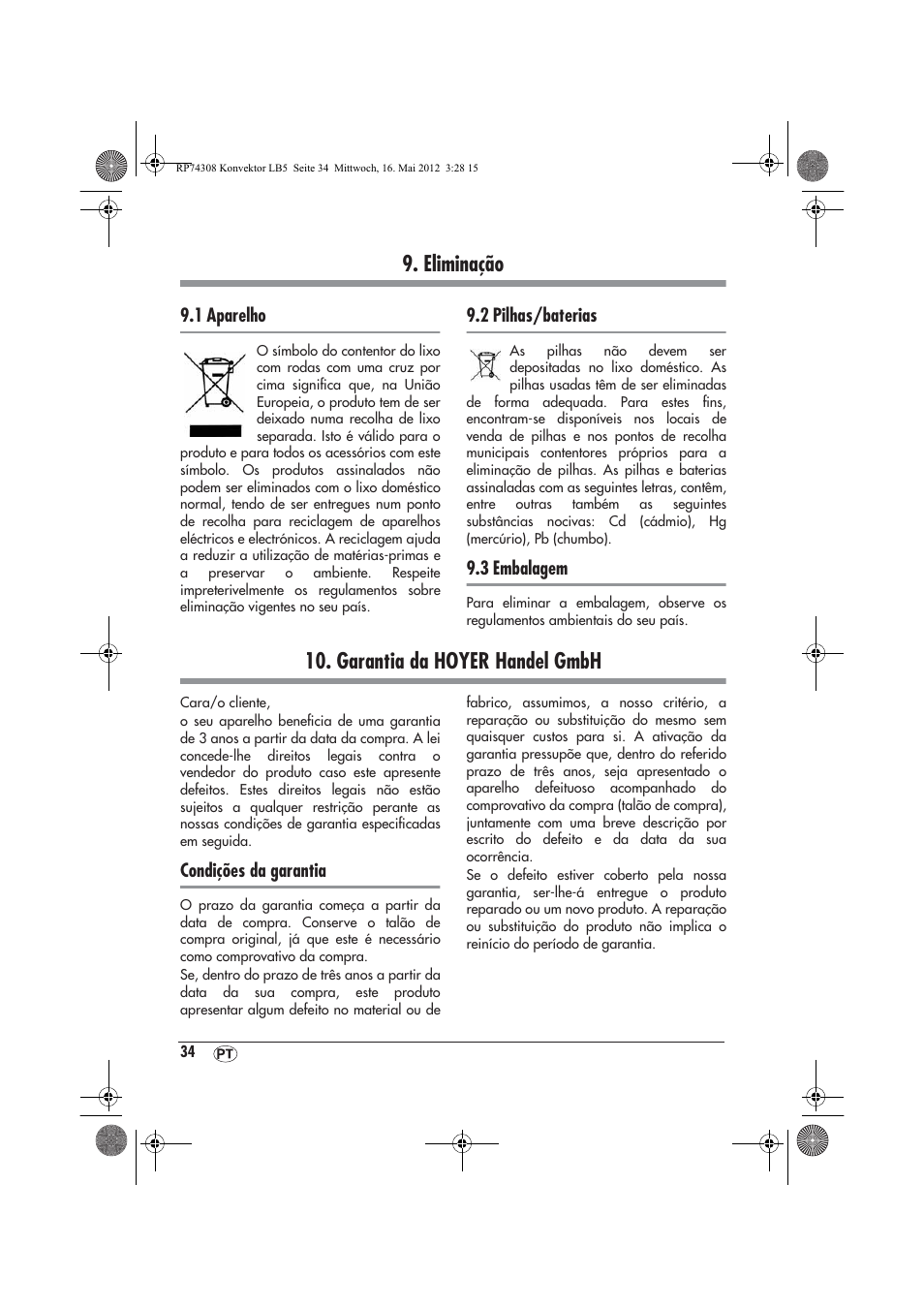 Eliminação, Garantia da hoyer handel gmbh | Silvercrest SKD 2300 A1 User Manual | Page 36 / 62