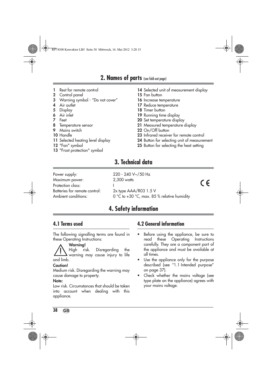 Names of parts, Technical data, Safety information | 1 terms used, 2 general information | Silvercrest SKD 2300 A1 User Manual | Page 40 / 62
