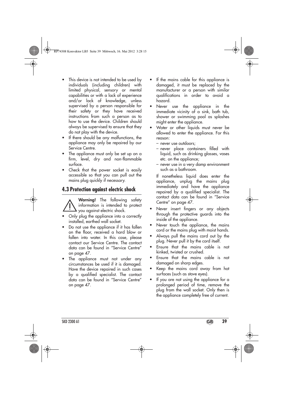 3 protection against electric shock | Silvercrest SKD 2300 A1 User Manual | Page 41 / 62