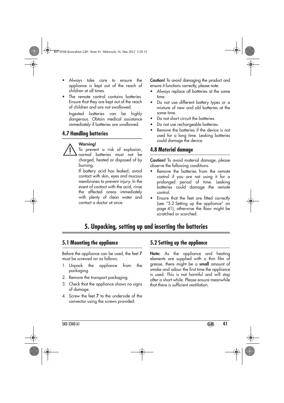 Unpacking, setting up and inserting the batteries, 7 handling batteries, 8 material damage | 1 mounting the appliance, 2 setting up the appliance | Silvercrest SKD 2300 A1 User Manual | Page 43 / 62