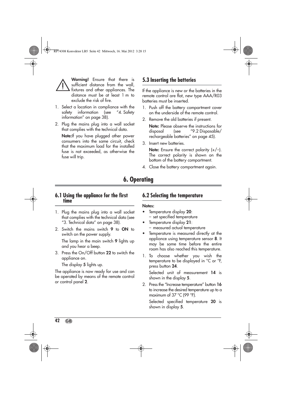 Operating, 3 inserting the batteries, 1 using the appliance for the ﬁrst time | 2 selecting the temperature | Silvercrest SKD 2300 A1 User Manual | Page 44 / 62