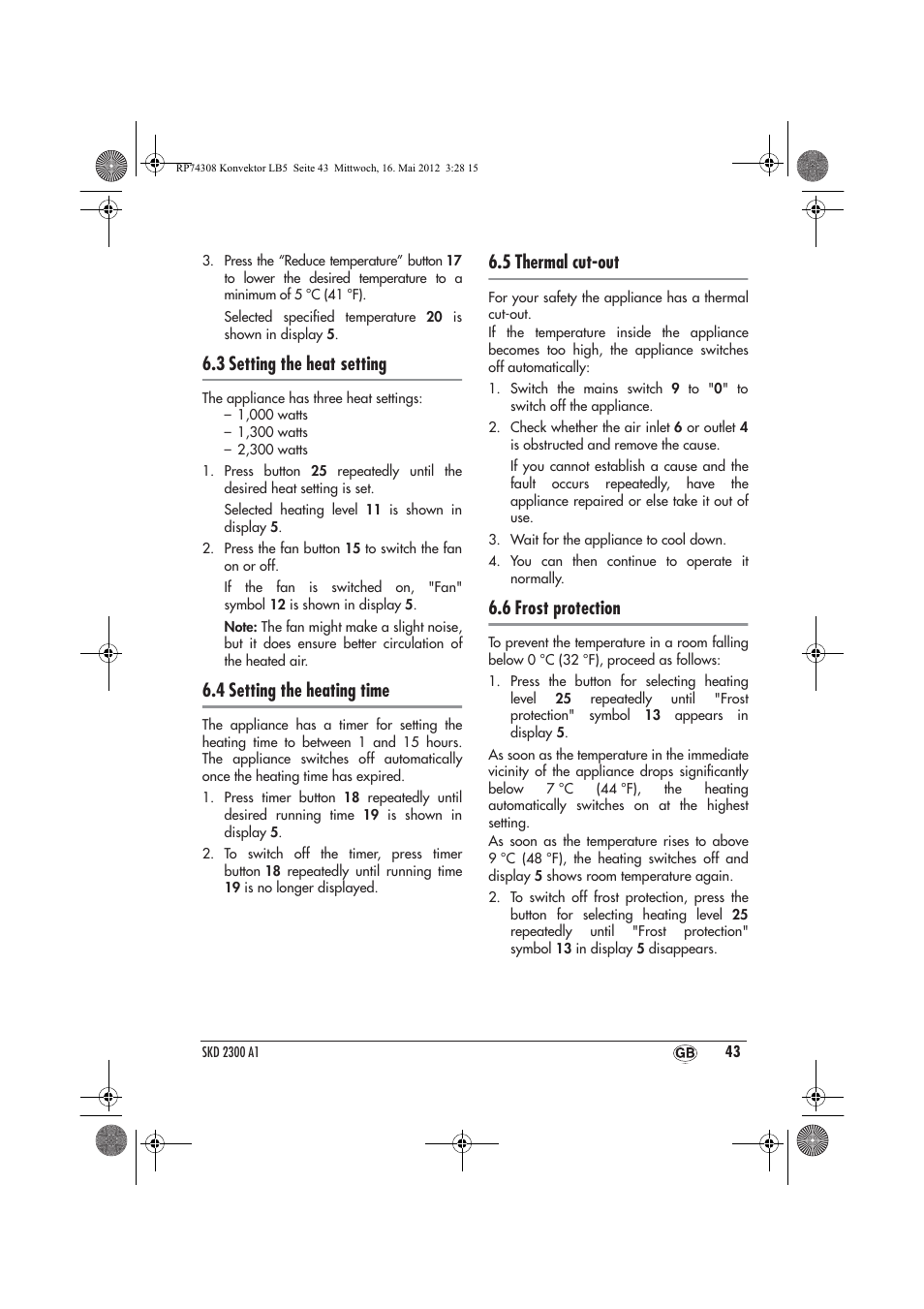3 setting the heat setting, 4 setting the heating time, 5 thermal cut-out | 6 frost protection | Silvercrest SKD 2300 A1 User Manual | Page 45 / 62