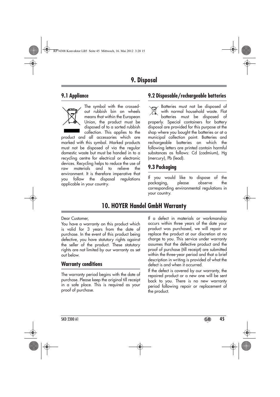 Disposal, Hoyer handel gmbh warranty | Silvercrest SKD 2300 A1 User Manual | Page 47 / 62