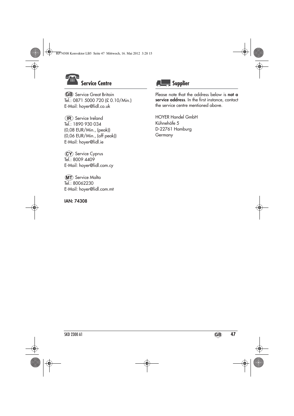 Service centre, Supplier | Silvercrest SKD 2300 A1 User Manual | Page 49 / 62