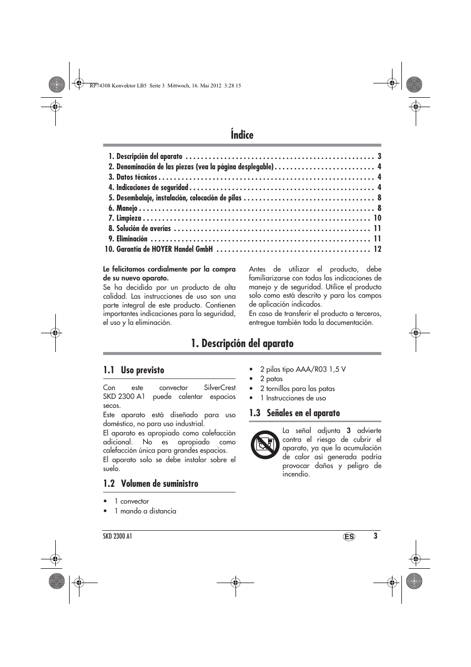 Índice, Descripción del aparato | Silvercrest SKD 2300 A1 User Manual | Page 5 / 62
