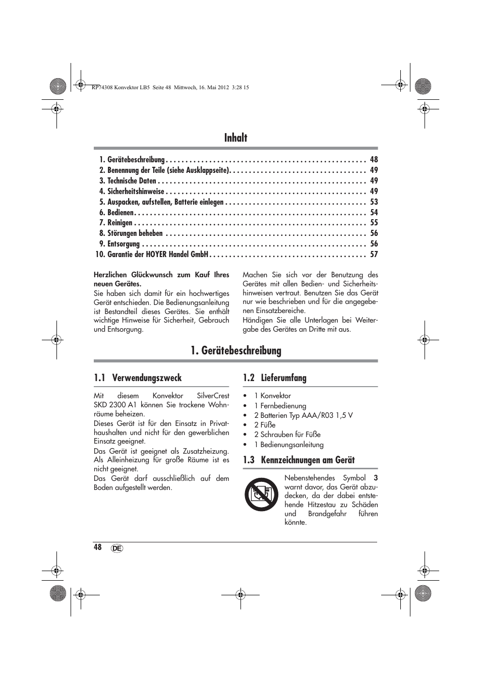 Inhalt, Gerätebeschreibung | Silvercrest SKD 2300 A1 User Manual | Page 50 / 62