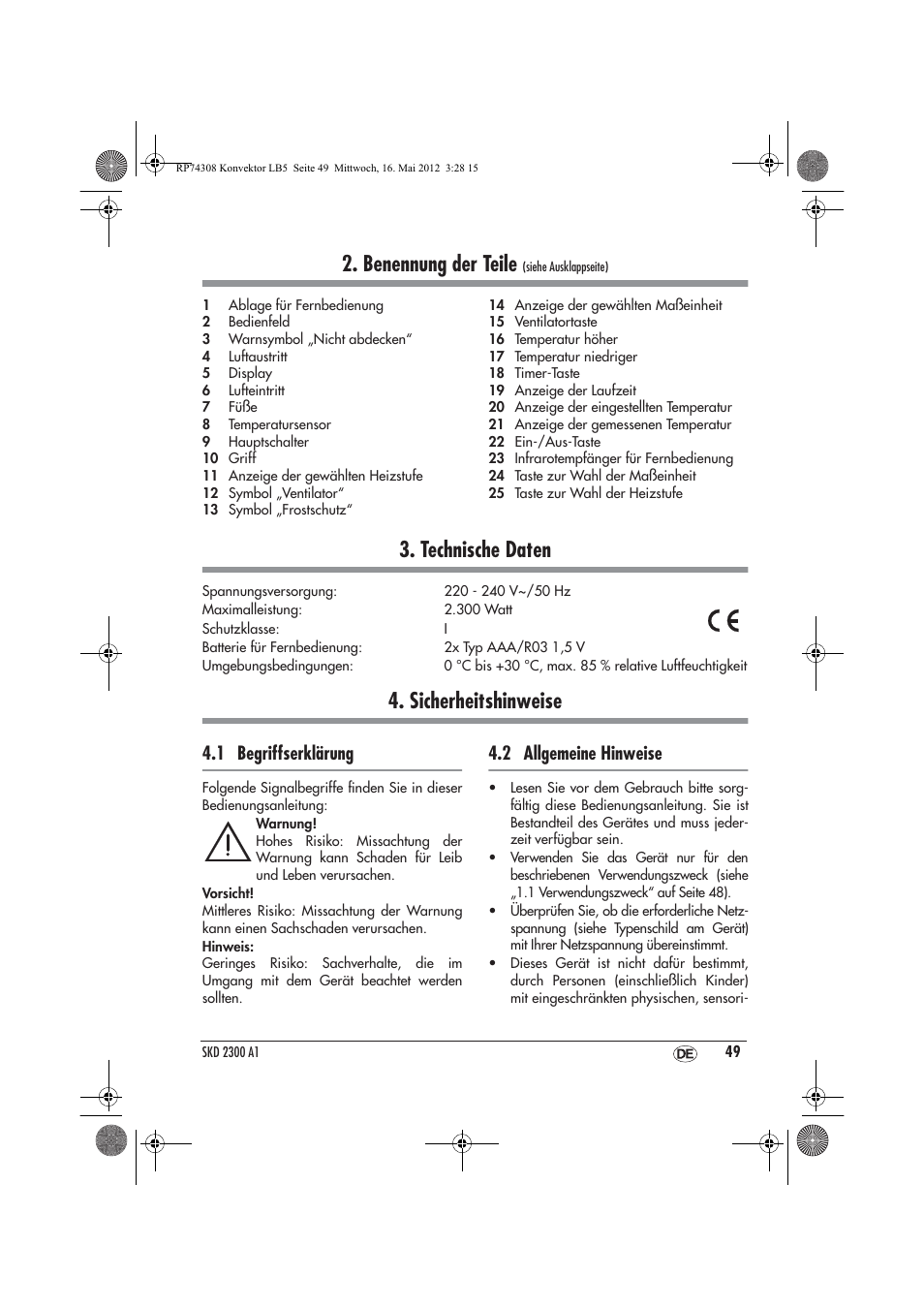 Benennung der teile, Technische daten, Sicherheitshinweise | 1 begriffserklärung, 2 allgemeine hinweise | Silvercrest SKD 2300 A1 User Manual | Page 51 / 62