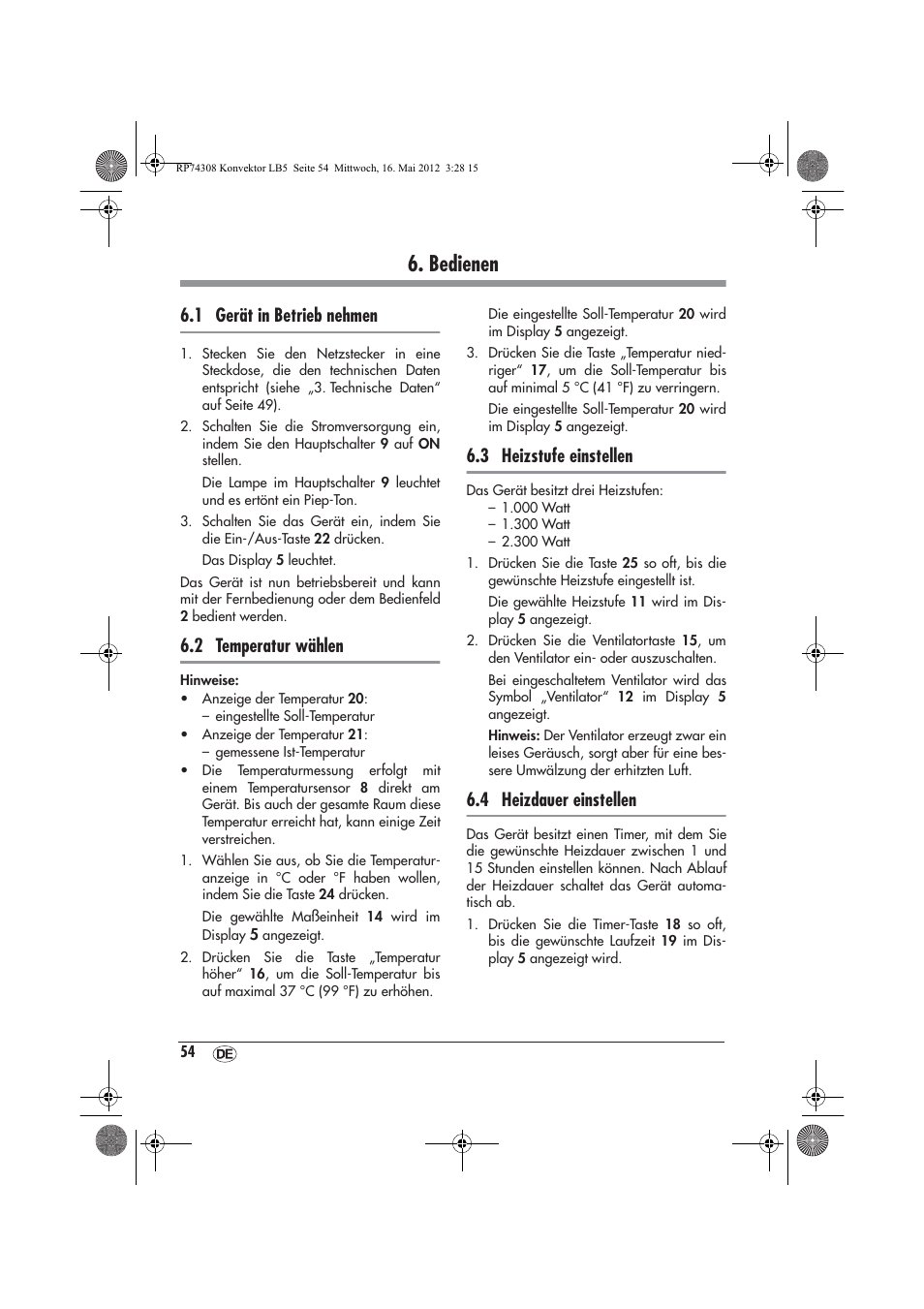 Bedienen, 1 gerät in betrieb nehmen, 2 temperatur wählen | 3 heizstufe einstellen, 4 heizdauer einstellen | Silvercrest SKD 2300 A1 User Manual | Page 56 / 62