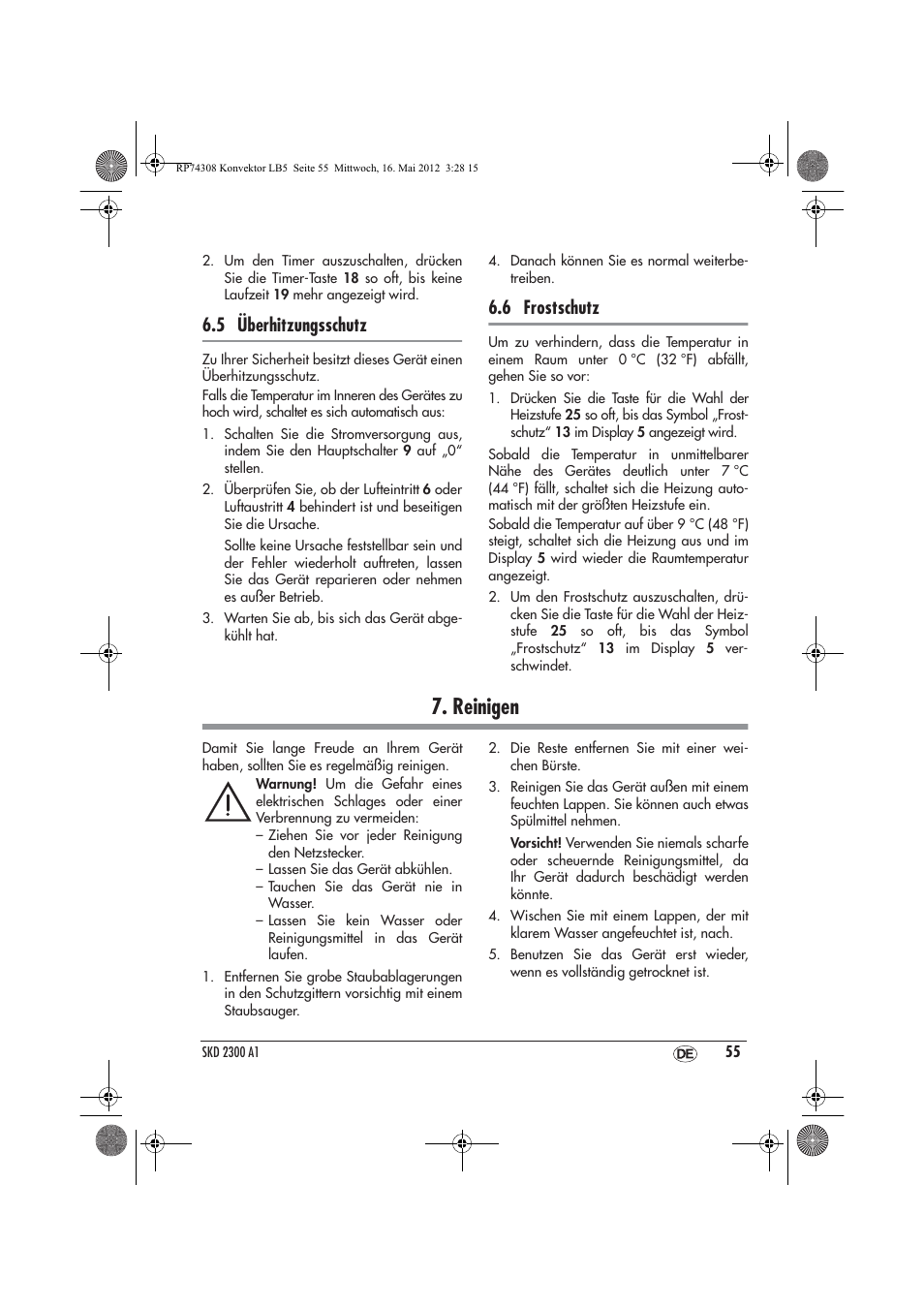 Reinigen, 5 überhitzungsschutz, 6 frostschutz | Silvercrest SKD 2300 A1 User Manual | Page 57 / 62