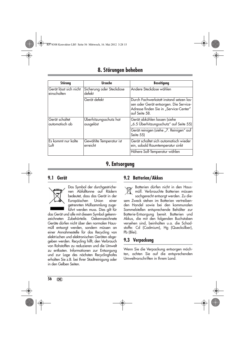 Störungen beheben 9. entsorgung, 1 gerät, 2 batterien/akkus | 3 verpackung | Silvercrest SKD 2300 A1 User Manual | Page 58 / 62