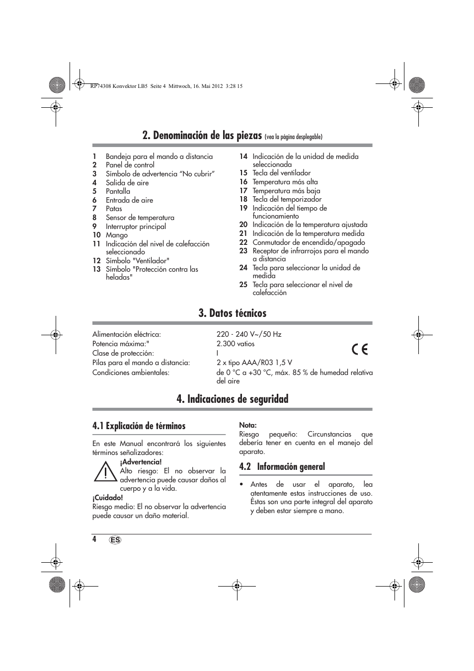 Denominación de las piezas, Datos técnicos, Indicaciones de seguridad | 1 explicación de términos, 2 información general | Silvercrest SKD 2300 A1 User Manual | Page 6 / 62