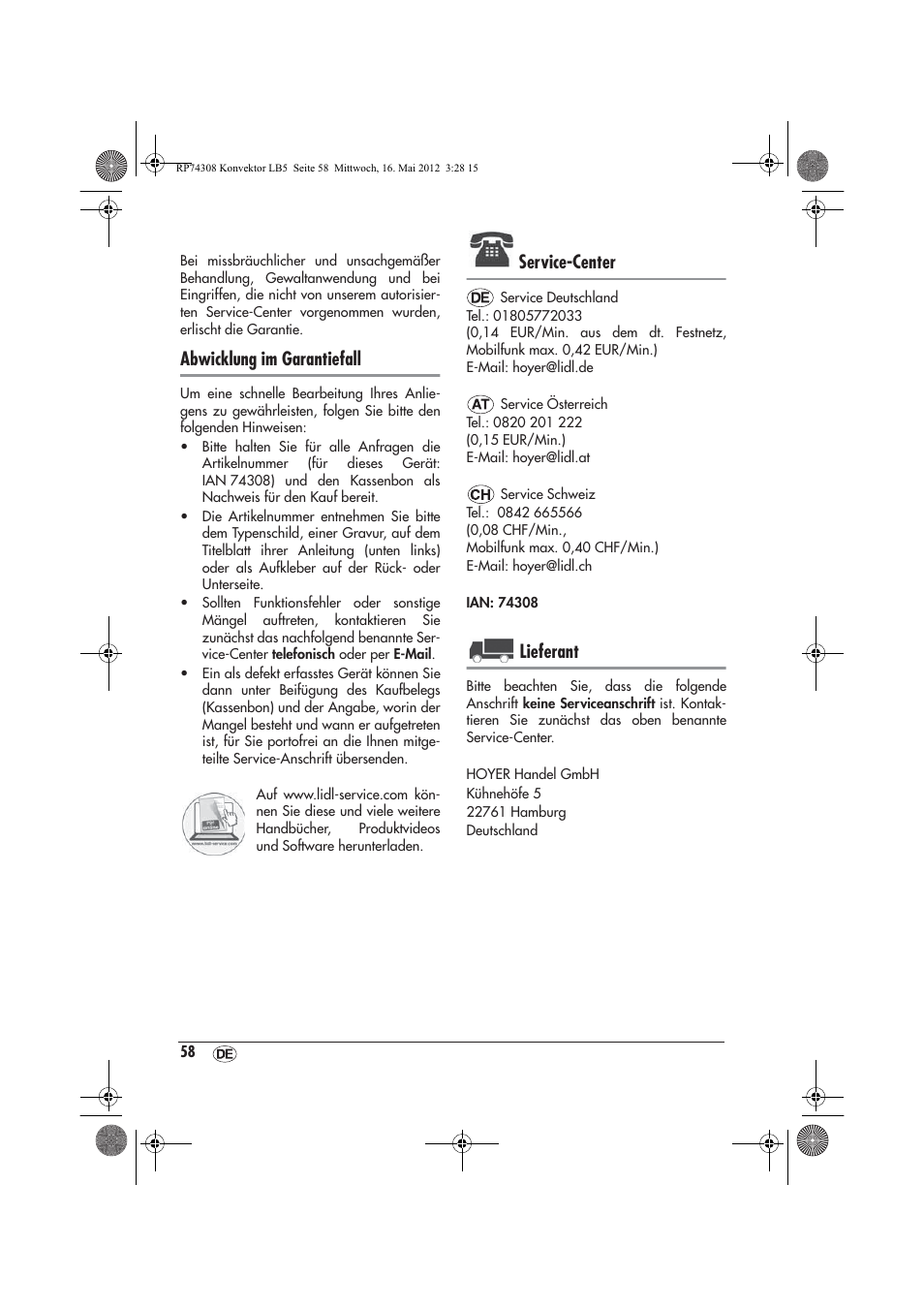 Abwicklung im garantiefall, Service-center, Lieferant | Silvercrest SKD 2300 A1 User Manual | Page 60 / 62