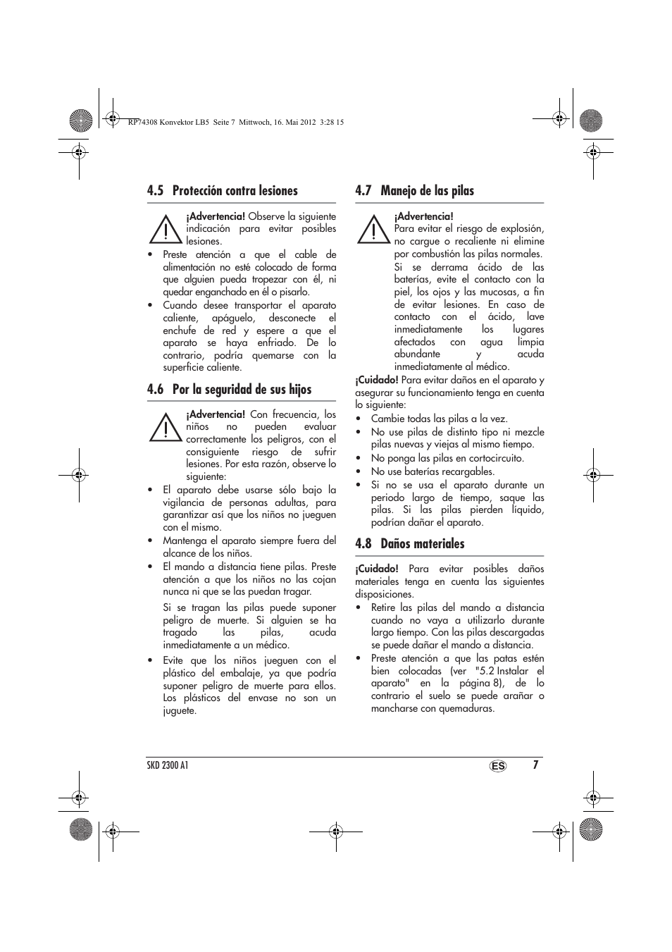 5 protección contra lesiones, 6 por la seguridad de sus hijos, 7 manejo de las pilas | 8 daños materiales | Silvercrest SKD 2300 A1 User Manual | Page 9 / 62