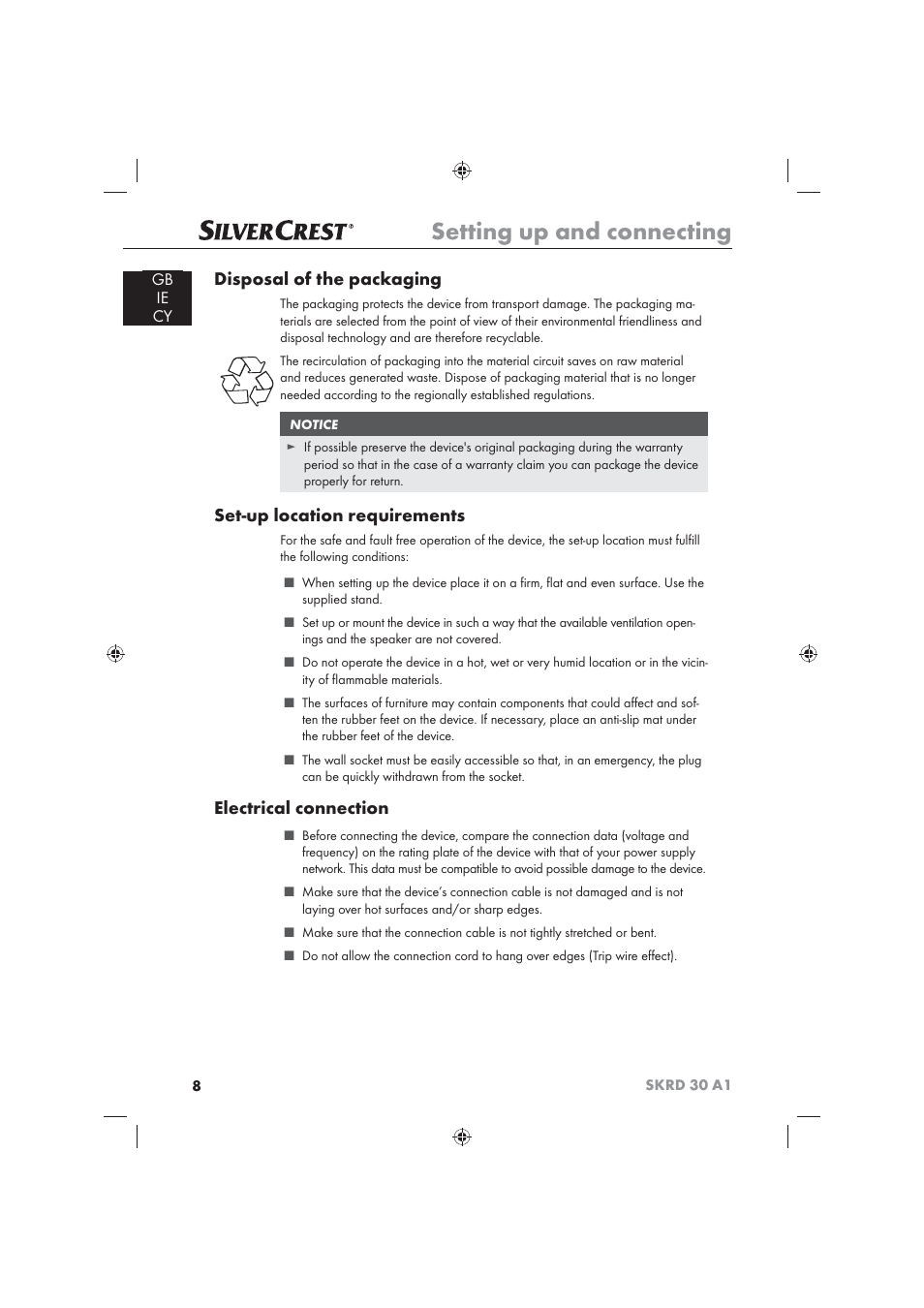 Setting up and connecting, Disposal of the packaging, Set-up location requirements | Electrical connection, Gb ie cy | Silvercrest SKRD 30 A1 User Manual | Page 10 / 54