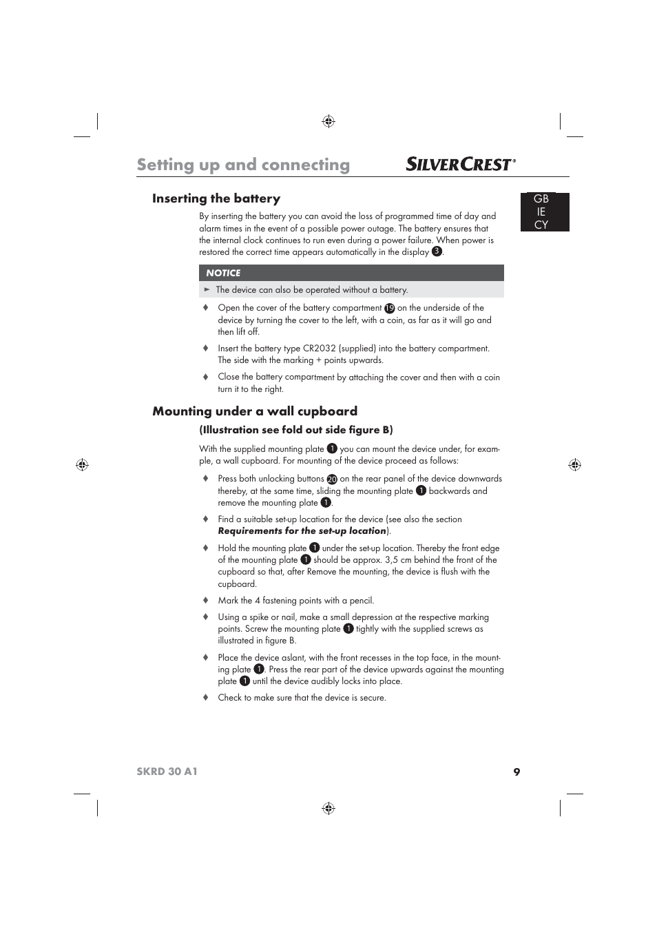 Setting up and connecting, Inserting the battery, Mounting under a wall cupboard | Gb ie cy | Silvercrest SKRD 30 A1 User Manual | Page 11 / 54