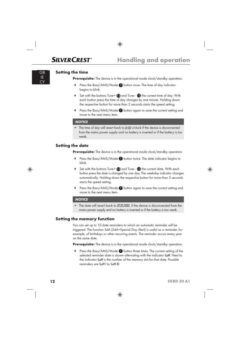 Handling and operation, Gb ie cy setting the time, Setting the date | Silvercrest SKRD 30 A1 User Manual | Page 14 / 54