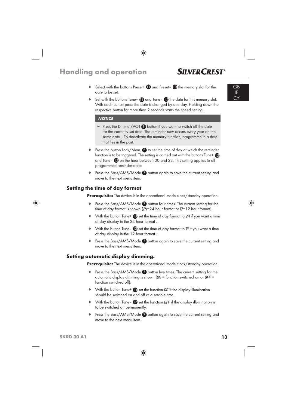 Handling and operation, Gb ie cy, Setting the time of day format | Setting automatic display dimming | Silvercrest SKRD 30 A1 User Manual | Page 15 / 54