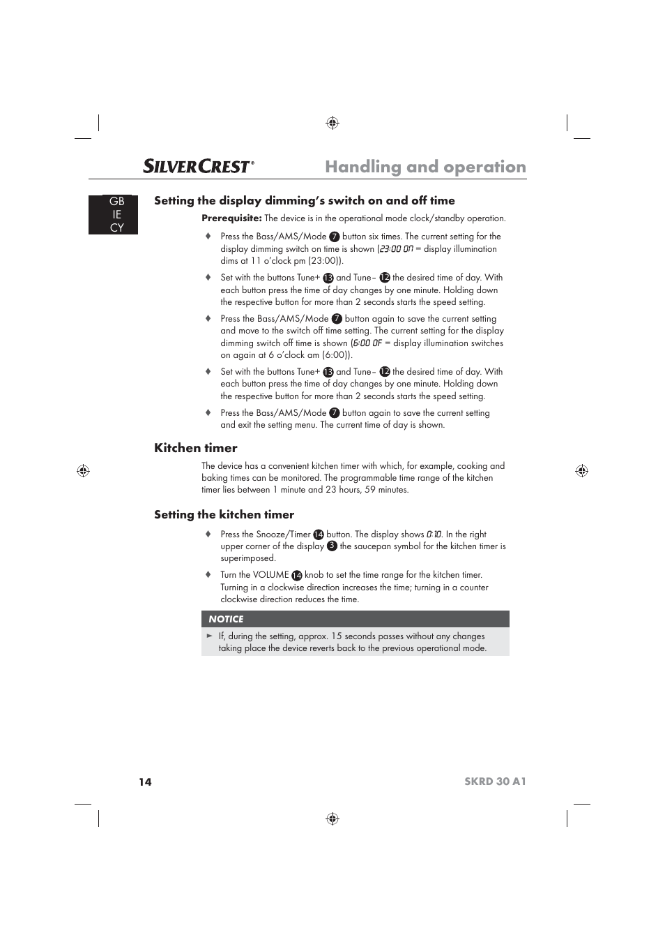 Handling and operation, Kitchen timer, Setting the kitchen timer | Silvercrest SKRD 30 A1 User Manual | Page 16 / 54