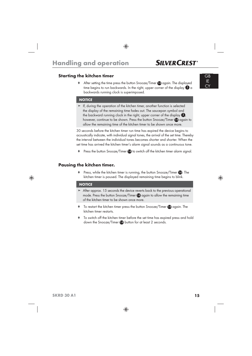 Handling and operation, Gb ie cy starting the kitchen timer, Pausing the kitchen timer | Silvercrest SKRD 30 A1 User Manual | Page 17 / 54