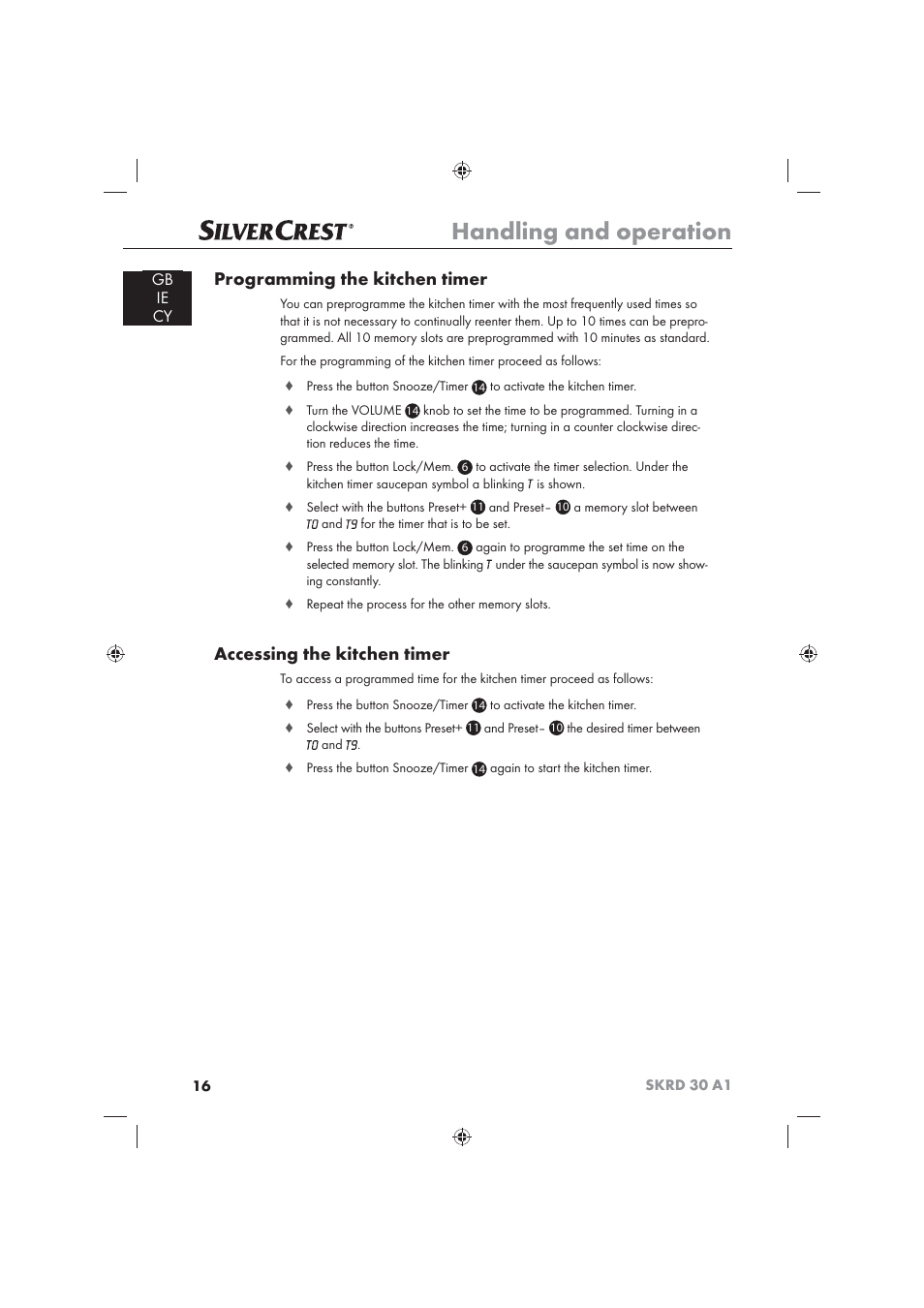 Handling and operation, Programming the kitchen timer, Accessing the kitchen timer | Gb ie cy | Silvercrest SKRD 30 A1 User Manual | Page 18 / 54