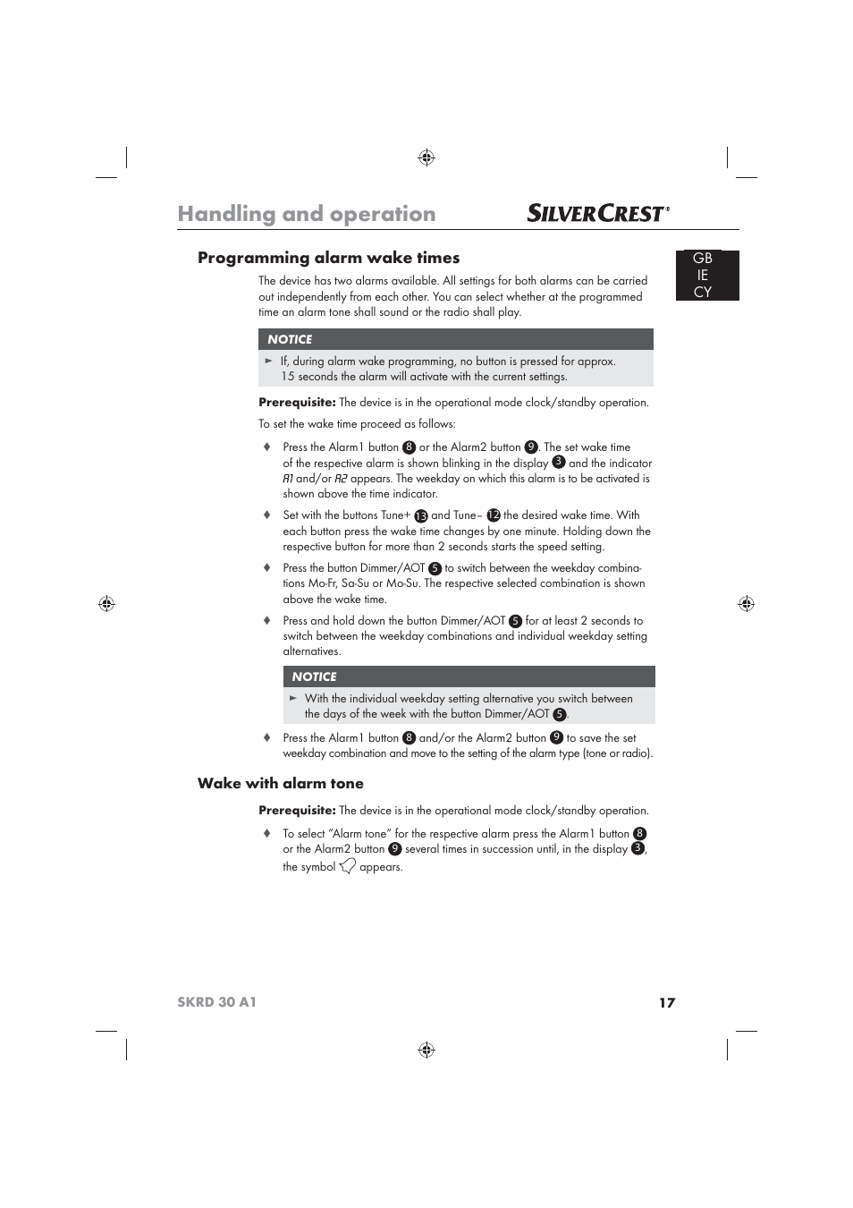 Handling and operation, Programming alarm wake times, Gb ie cy | Wake with alarm tone | Silvercrest SKRD 30 A1 User Manual | Page 19 / 54