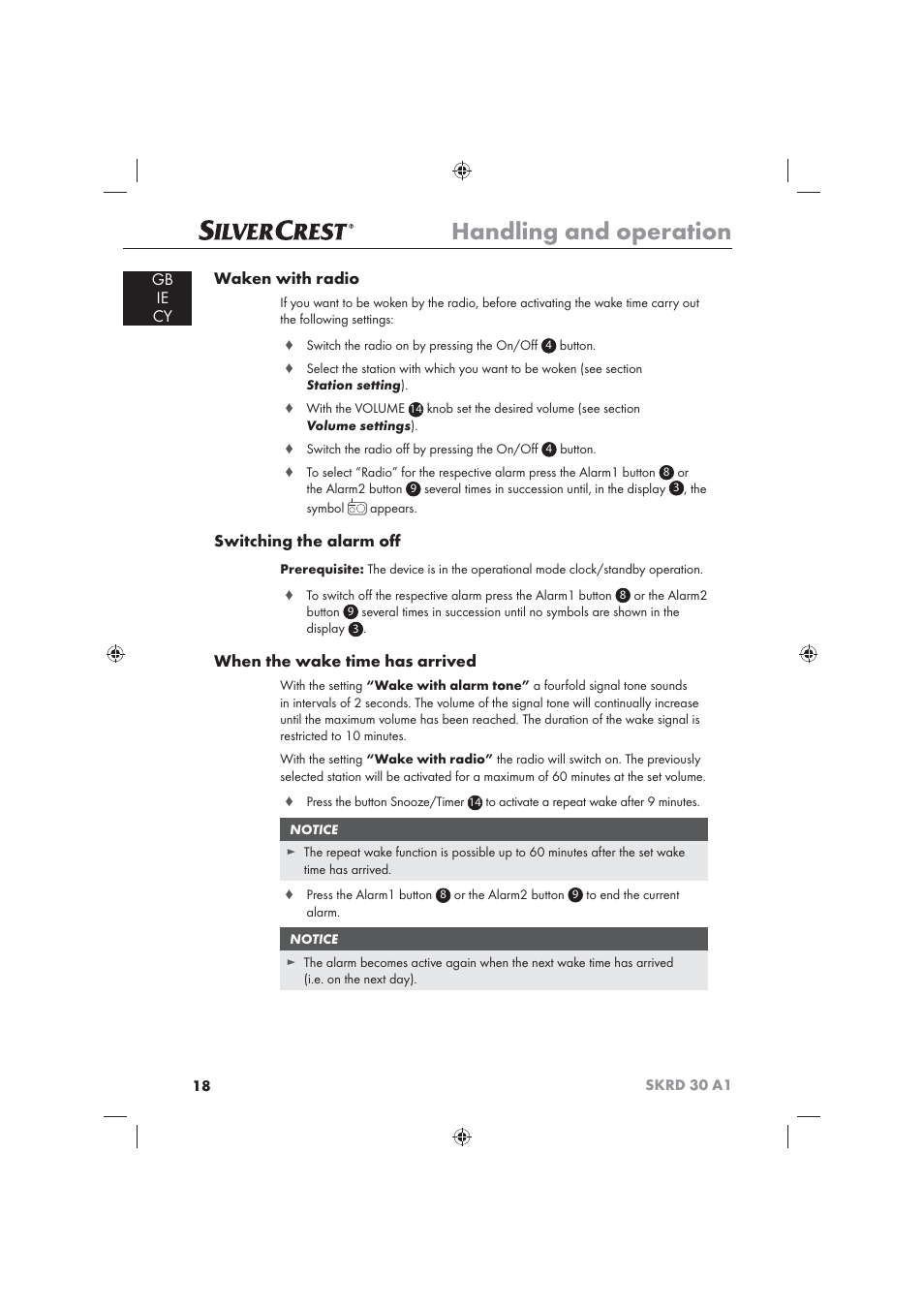 Handling and operation, Gb ie cy waken with radio, Switching the alarm oﬀ | When the wake time has arrived | Silvercrest SKRD 30 A1 User Manual | Page 20 / 54