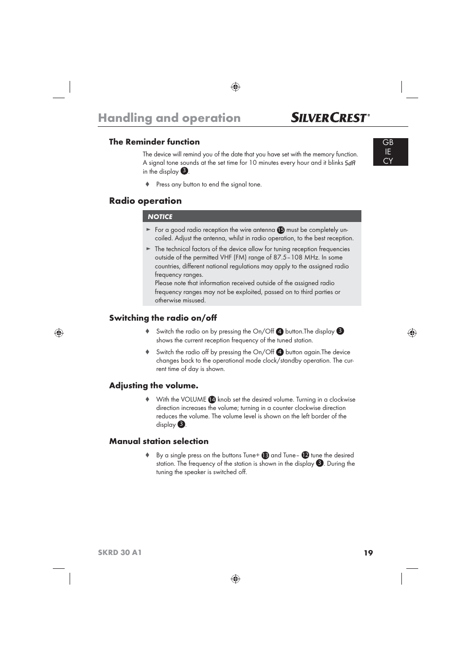 Handling and operation, Radio operation, Gb ie cy the reminder function | Switching the radio on/oﬀ, Adjusting the volume, Manual station selection | Silvercrest SKRD 30 A1 User Manual | Page 21 / 54