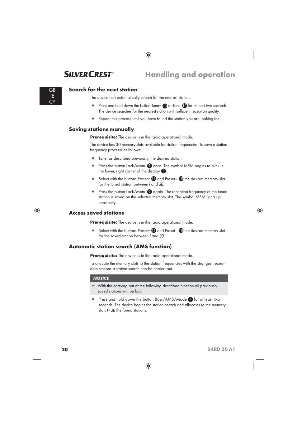 Handling and operation, Gb ie cy search for the next station, Saving stations manually | Access saved stations, Automatic station search (ams function) | Silvercrest SKRD 30 A1 User Manual | Page 22 / 54