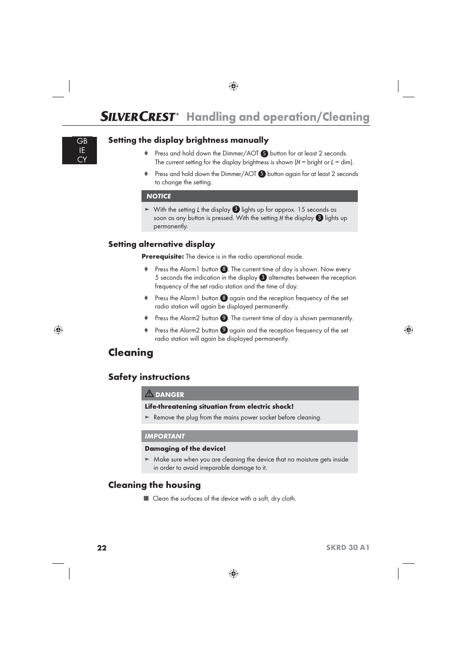 Handling and operation/cleaning, Cleaning, Safety instructions | Cleaning the housing, Gb ie cy setting the display brightness manually, Setting alternative display | Silvercrest SKRD 30 A1 User Manual | Page 24 / 54
