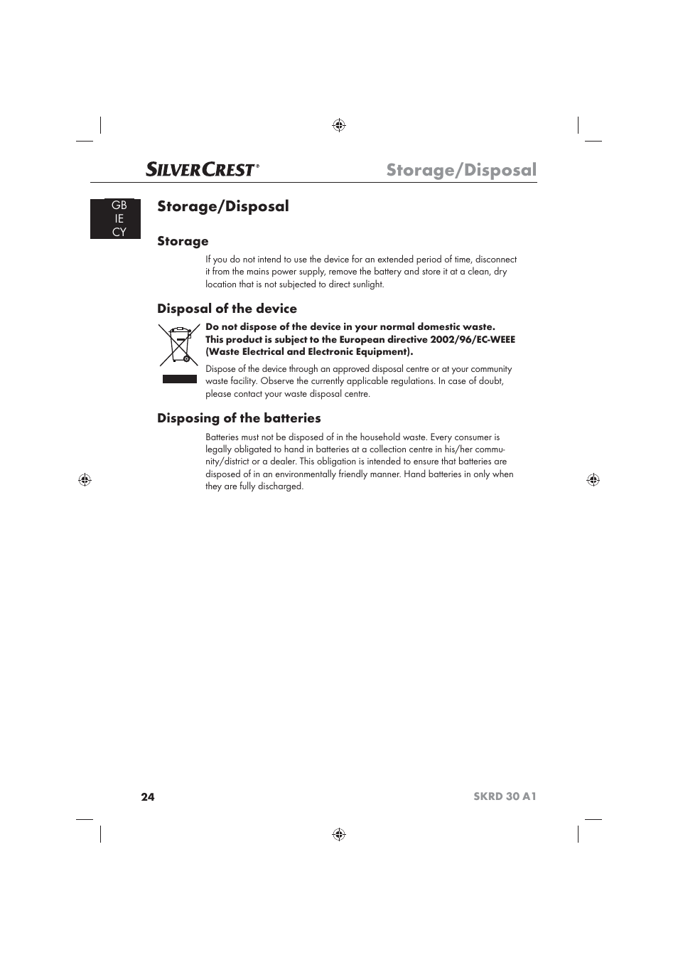 Storage/disposal, Storage, Disposal of the device | Disposing of the batteries, Gb ie cy | Silvercrest SKRD 30 A1 User Manual | Page 26 / 54