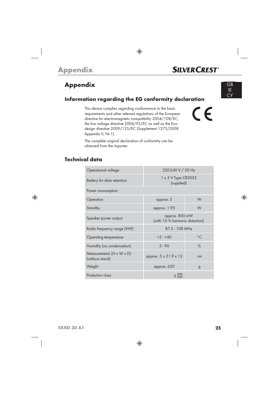 Appendix, Technical data, Gb ie cy | Silvercrest SKRD 30 A1 User Manual | Page 27 / 54