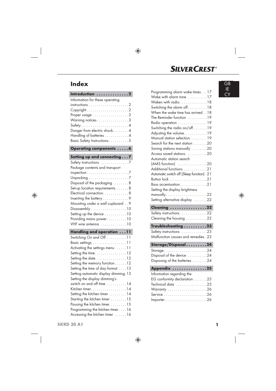 Index, Gb ie cy | Silvercrest SKRD 30 A1 User Manual | Page 3 / 54