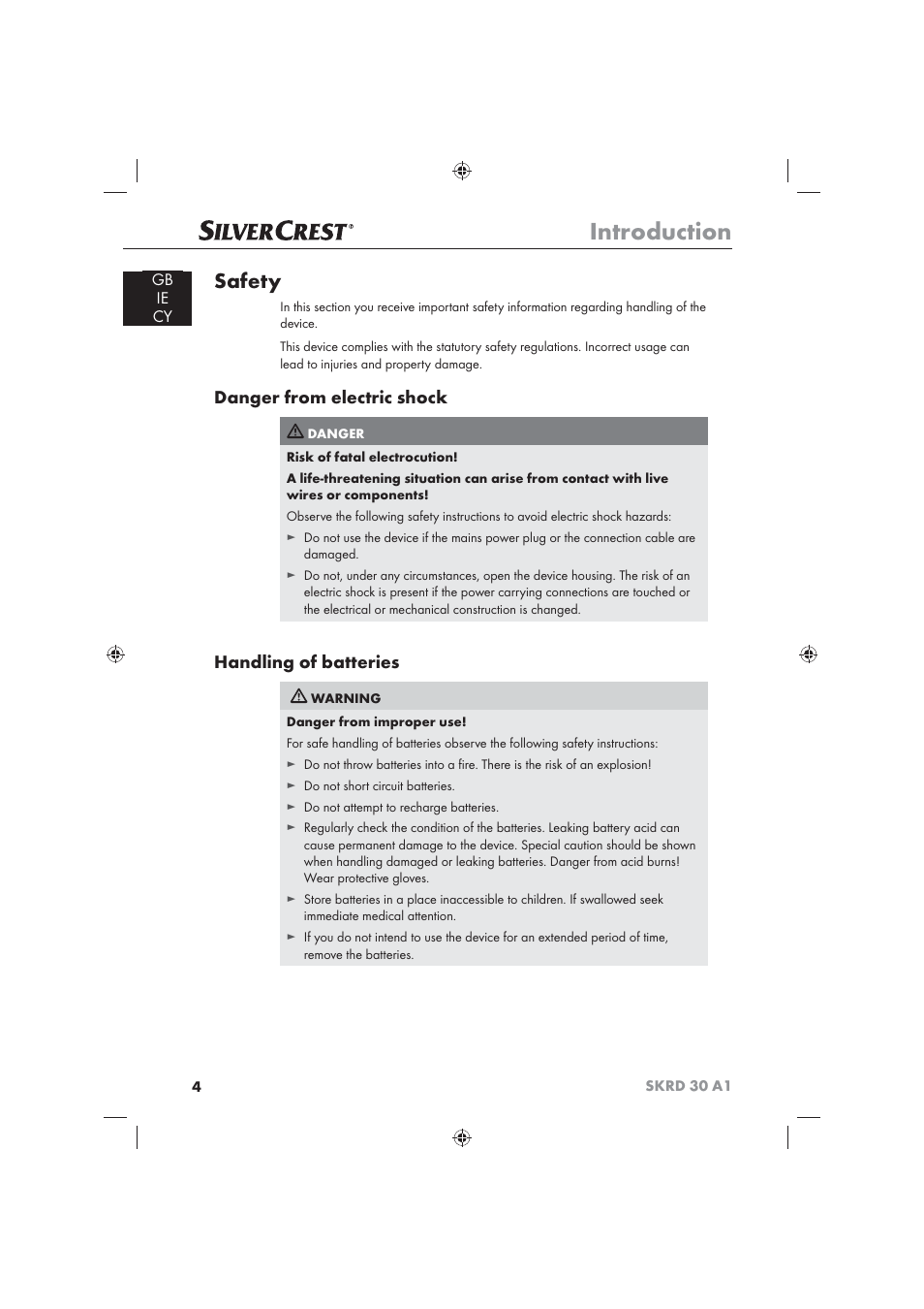 Introduction, Safety, Danger from electric shock | Handling of batteries, Gb ie cy | Silvercrest SKRD 30 A1 User Manual | Page 6 / 54