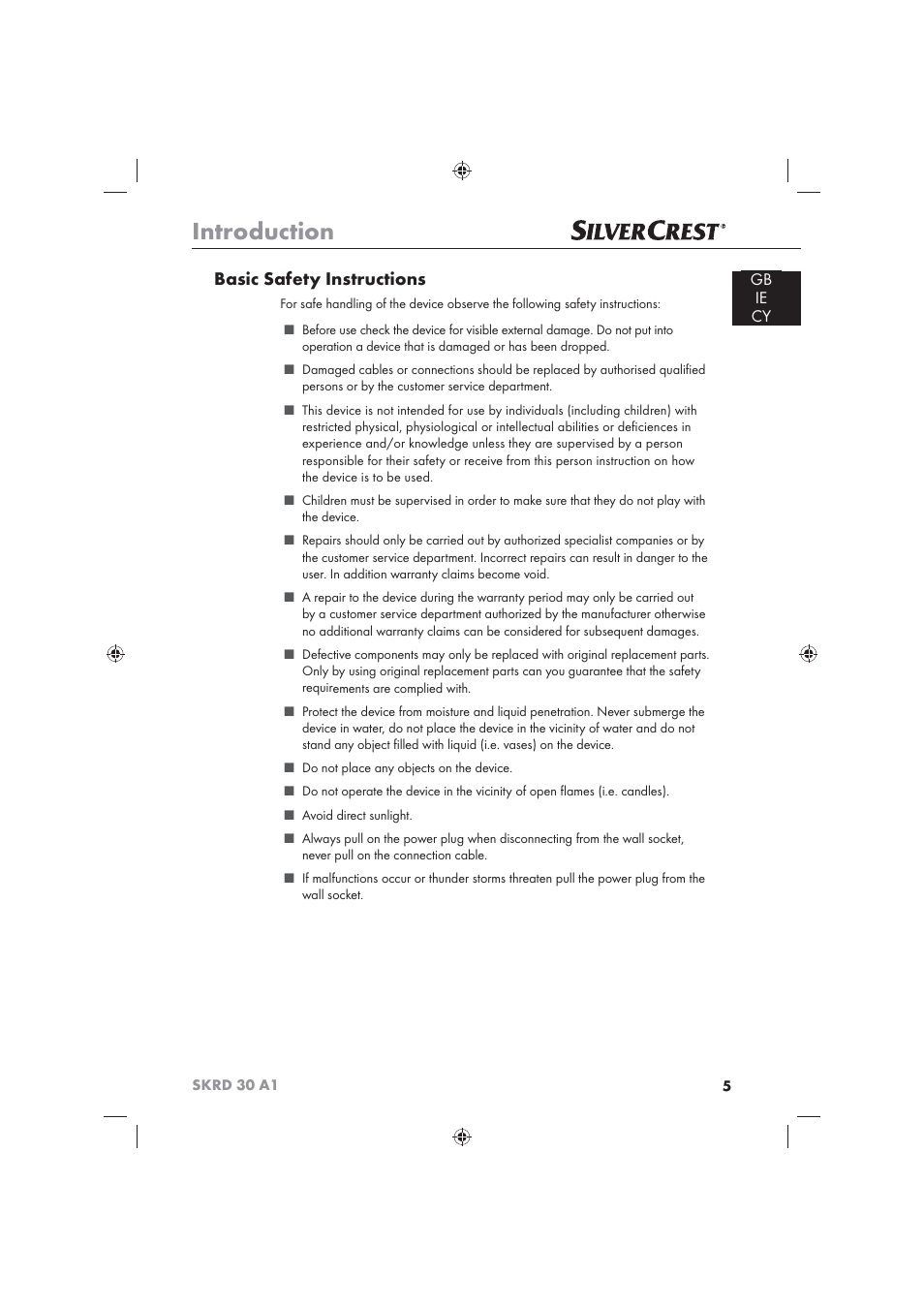 Introduction, Basic safety instructions, Gb ie cy | Silvercrest SKRD 30 A1 User Manual | Page 7 / 54