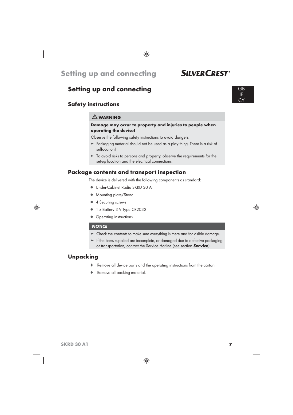 Setting up and connecting, Safety instructions, Package contents and transport inspection | Unpacking, Gb ie cy | Silvercrest SKRD 30 A1 User Manual | Page 9 / 54