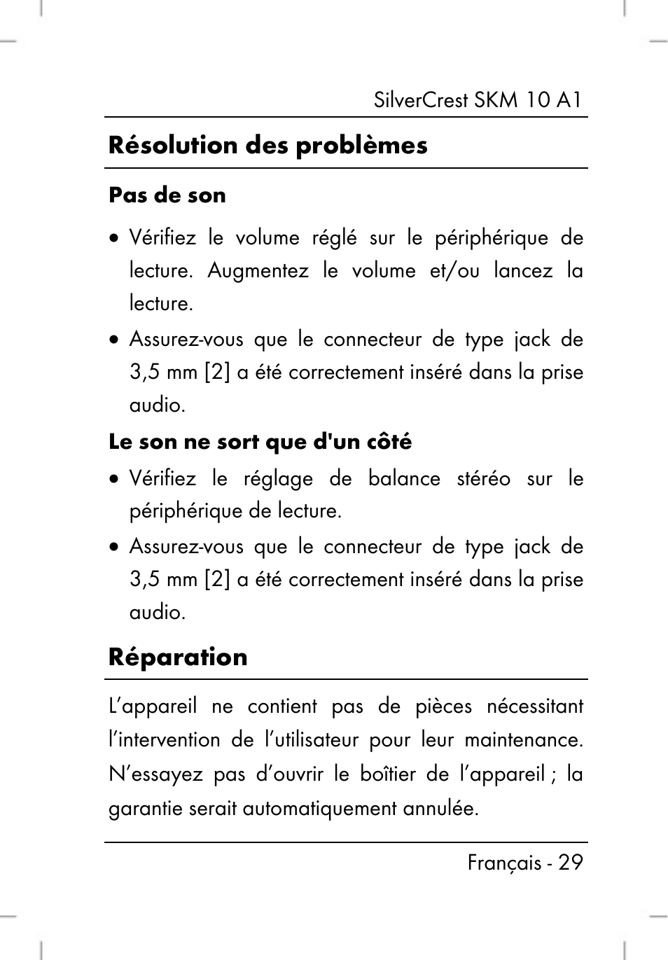 Résolution des problèmes, Réparation | Silvercrest SKM 10 A1 User Manual | Page 31 / 66