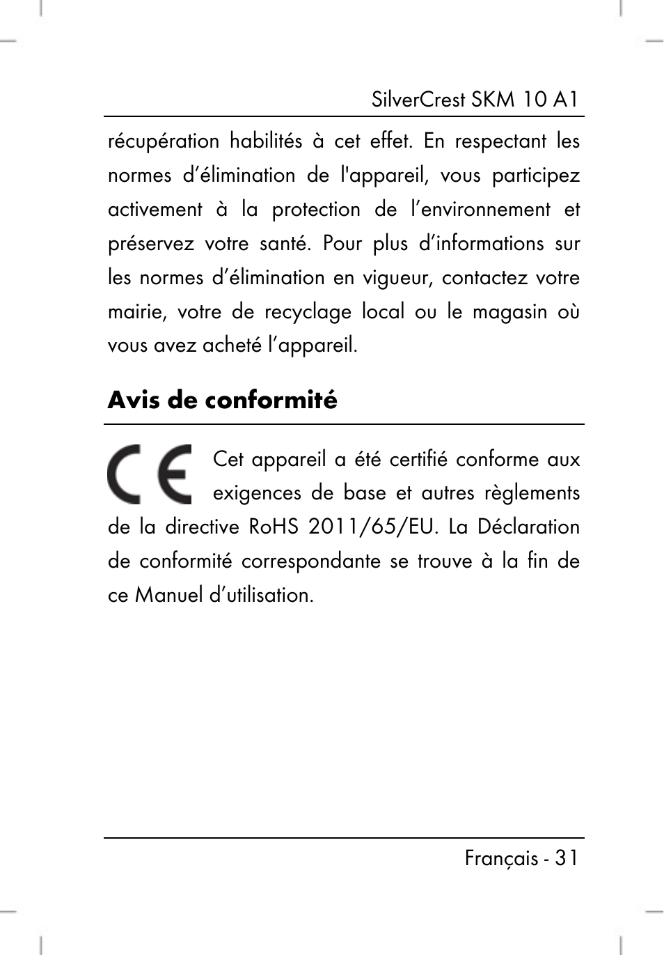 Avis de conformité | Silvercrest SKM 10 A1 User Manual | Page 33 / 66