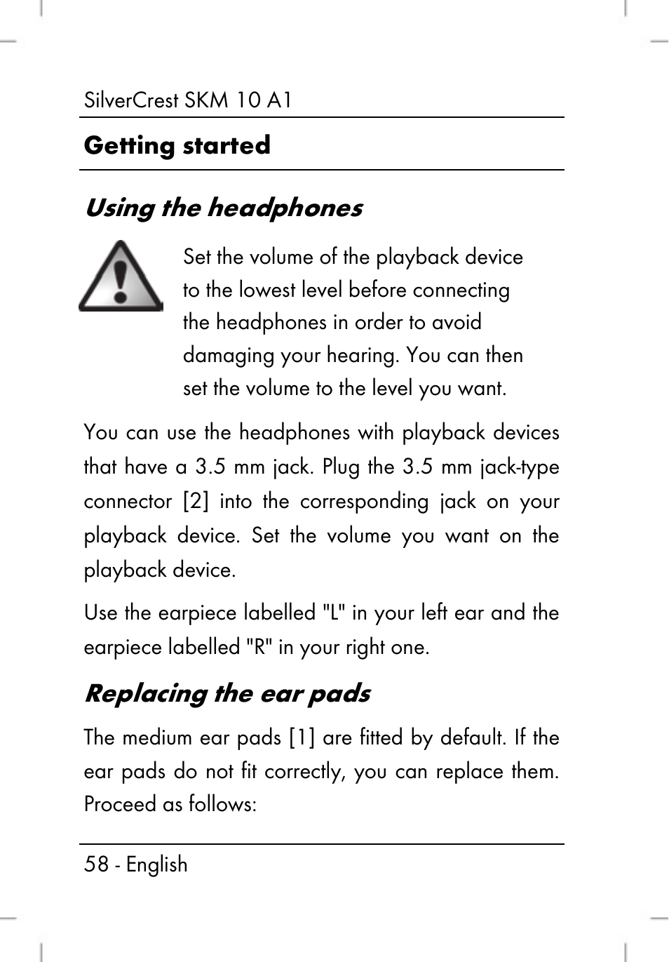 Using the headphones, Replacing the ear pads | Silvercrest SKM 10 A1 User Manual | Page 60 / 66