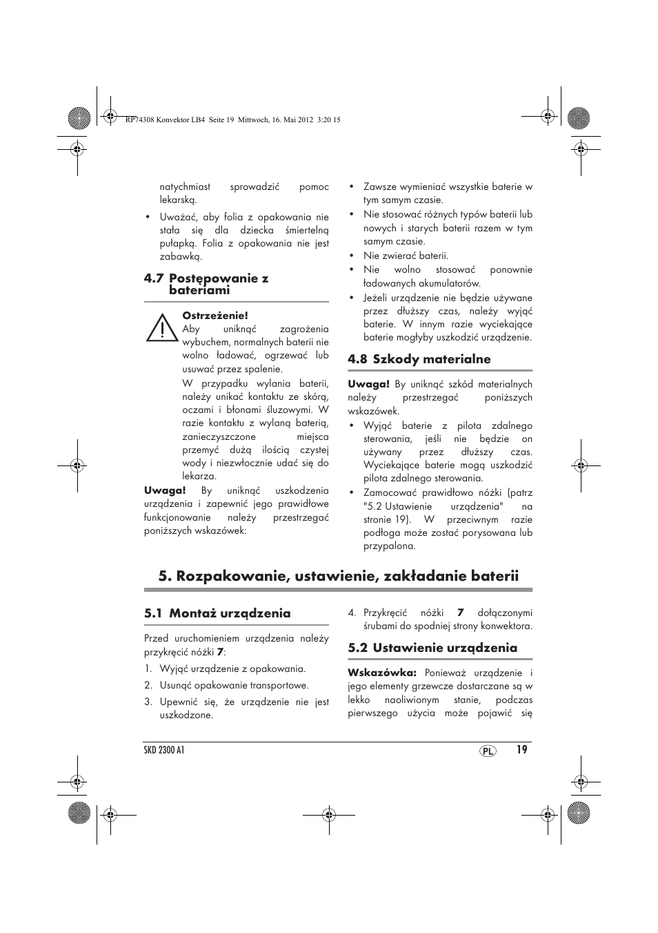 Rozpakowanie, ustawienie, zakładanie baterii | Silvercrest SKD 2300 A1 User Manual | Page 21 / 90